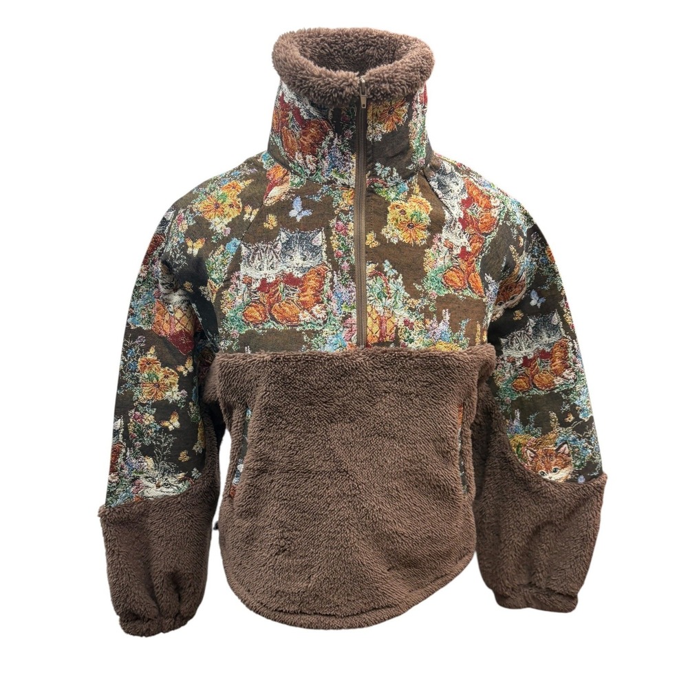 Cider Teddy Fleece Cat Tapestry Quarter Zip Cozy Pullover Brown Cottagecore S